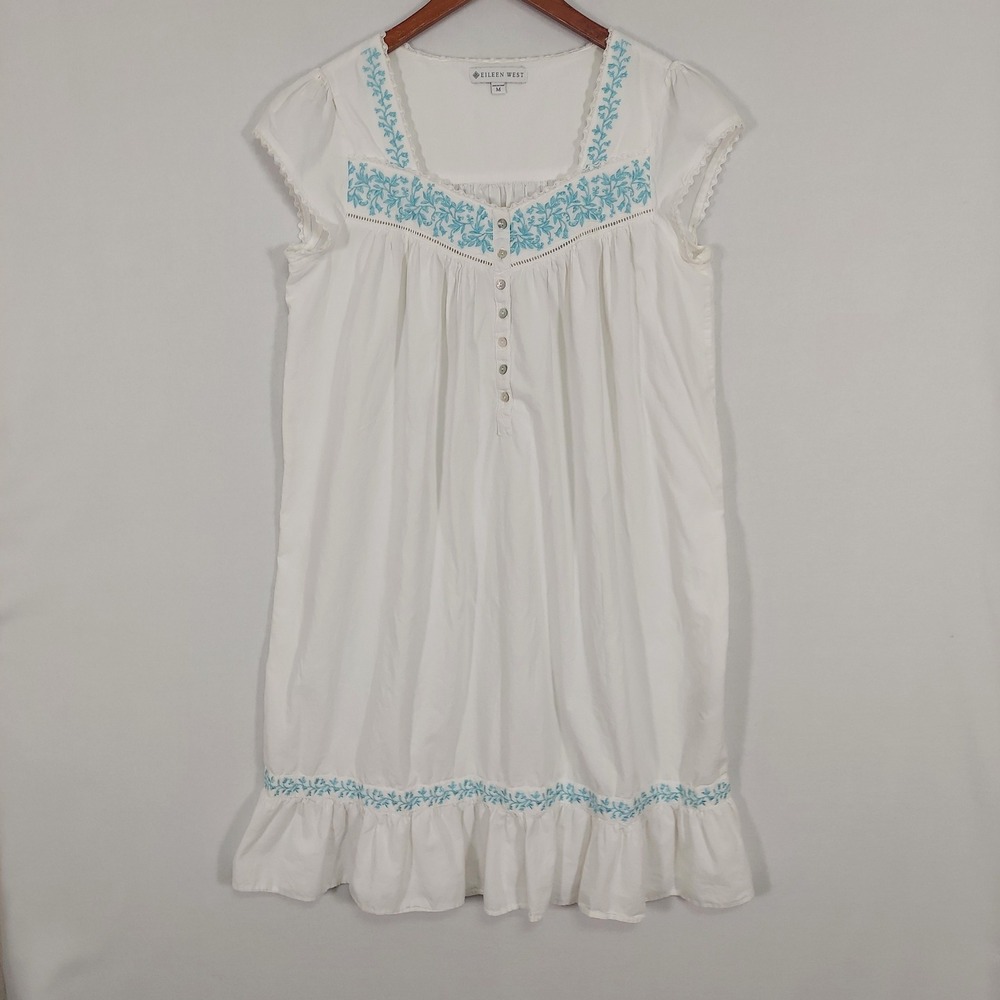 Eileen West Womens M Cotton Nightgown White Blue Embroidered Ruffle Button Gown